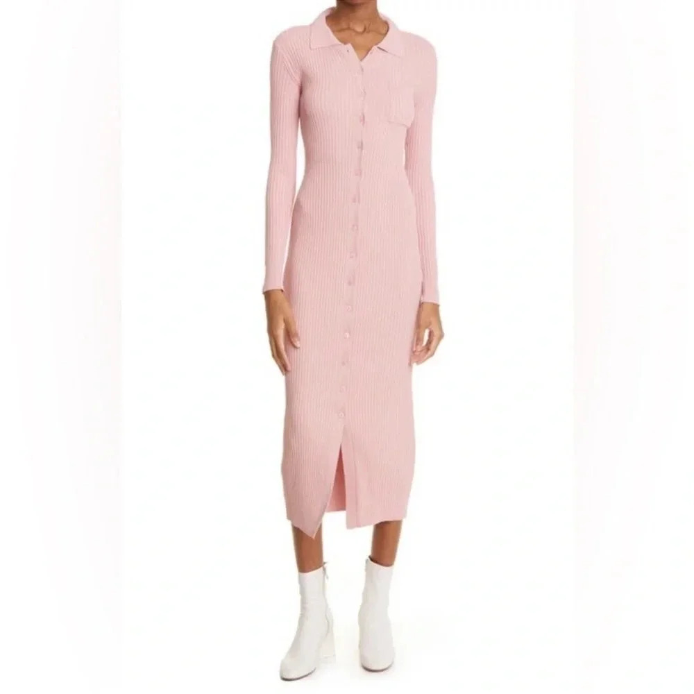 STAUD Napa Ribbed Long Sleeve Midi Dress in Blush NWT size L - Picture 2 of 7